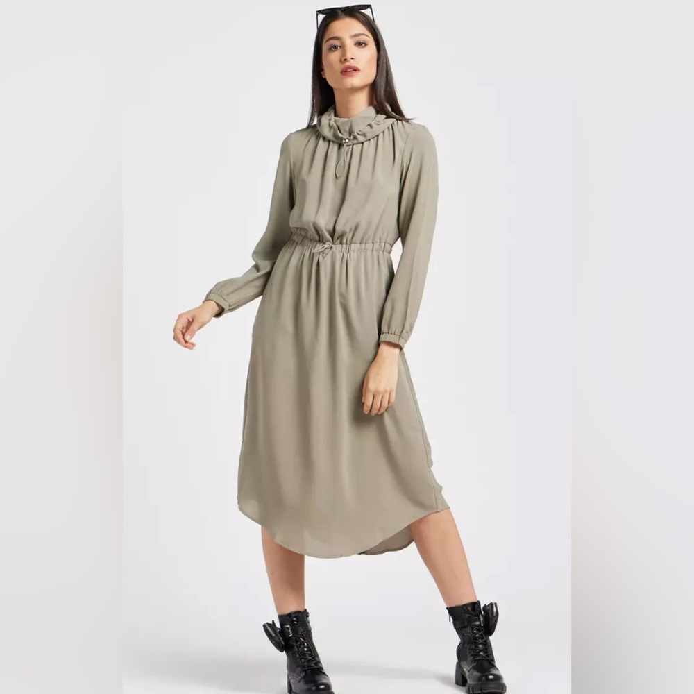 Max Fashion Textured Midi A-Line Dress Long Sleeves and Drawstring Closure L